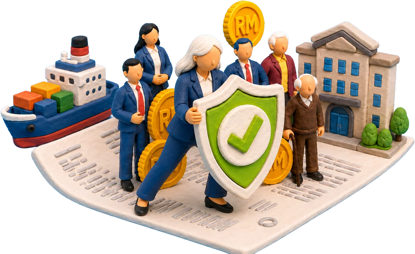About A diverse group protected by insurance, with business, property and transport symbols
