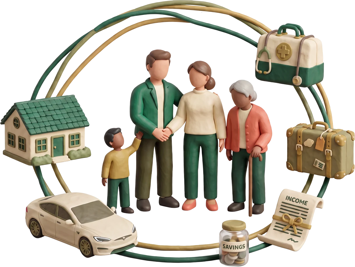 A family surrounded by the home, health, travel, income and savings they want to protect