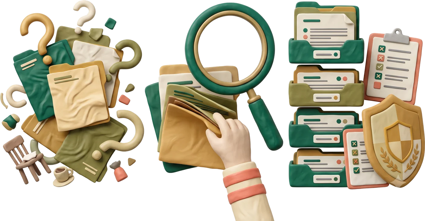 A visual progression from confusing documents to a clear, organised protection review